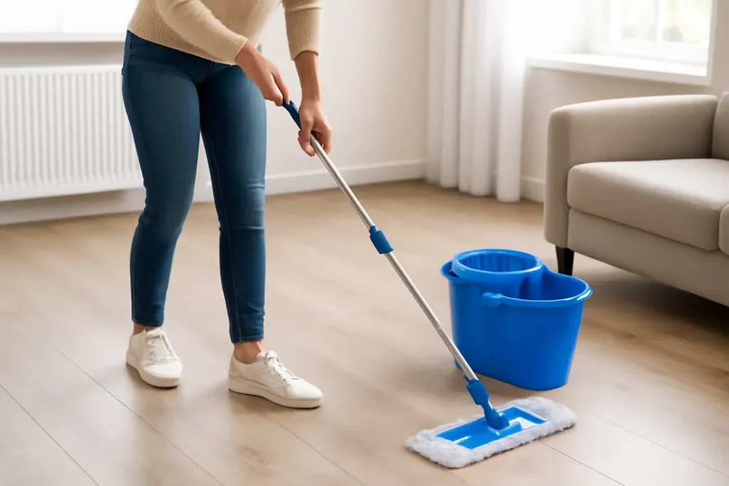 Persoon dweilt houten vloer met mop en emmer