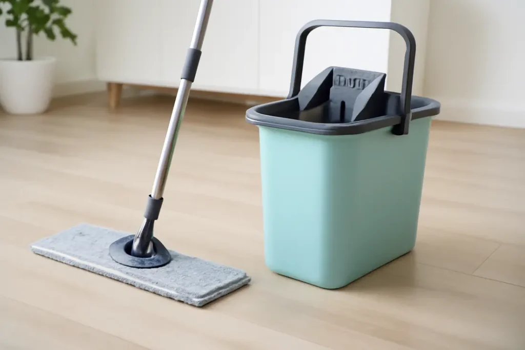 Microvezel dweil op houten vloer — beste dweil voor thuisreiniging