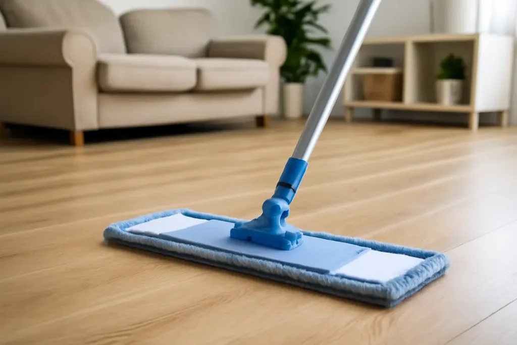 Microvezel mop op glanzende laminaatvloer, schoonmaak
