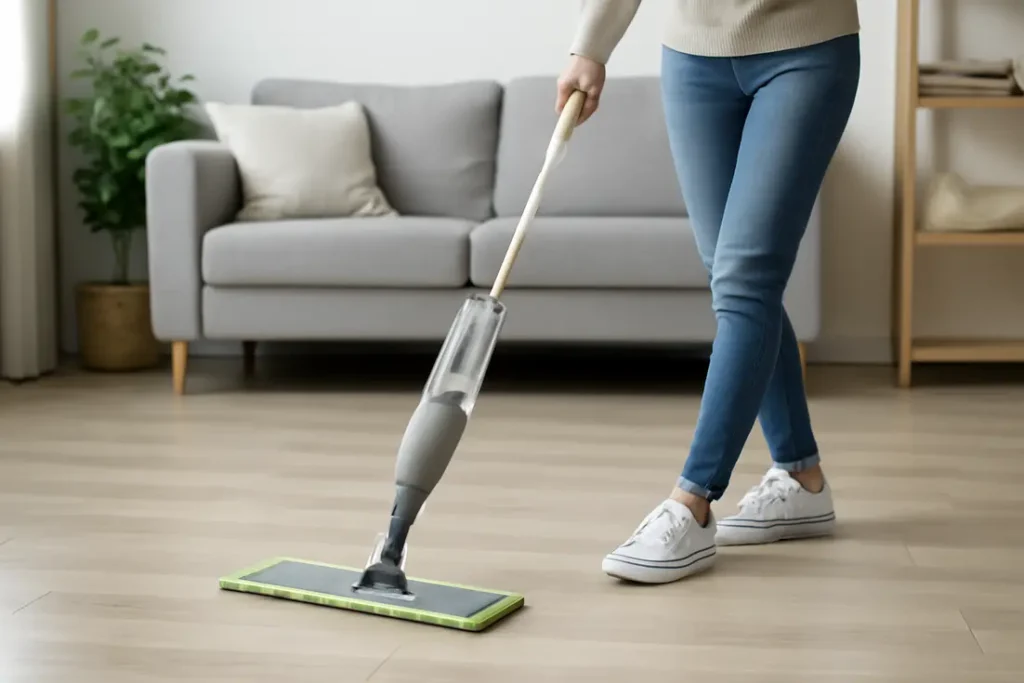 Dweil Action microvezelmop in beweging op natte tegelvloer