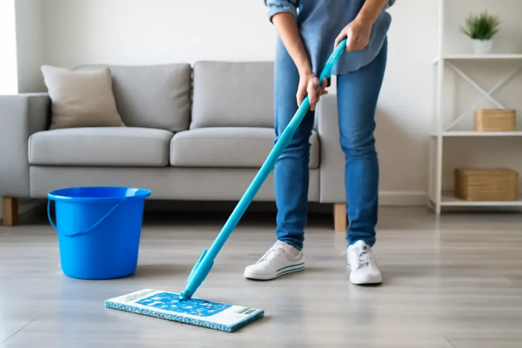 Microvezel dweil op houten vloer voor effectief dweil vloer onderhoud