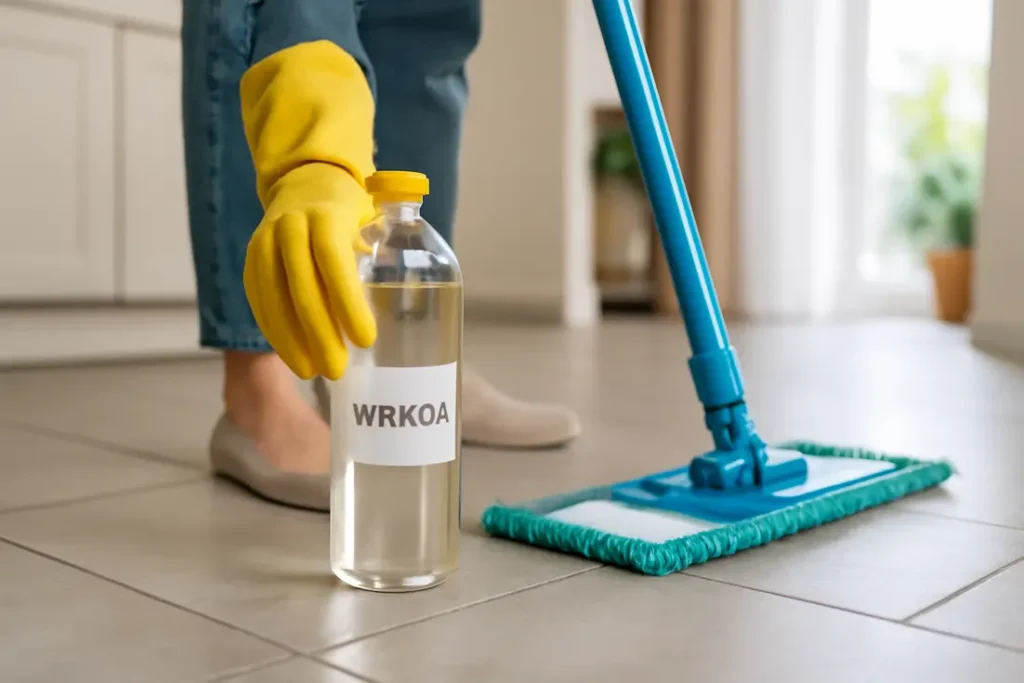 Dweilen met azijn op tegelvloer voor natuurlijke schoonmaak