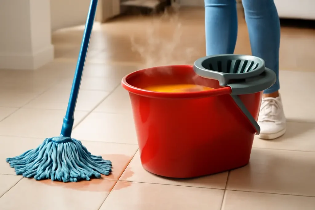 Persoon dweilt vloer met emmer warm en koud water