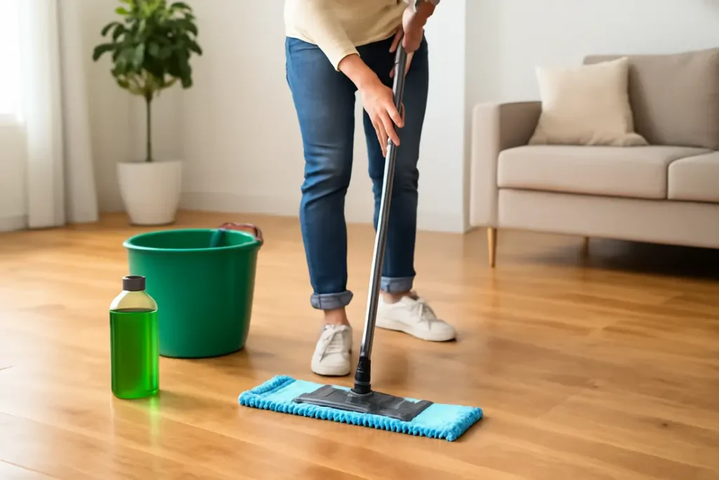 Houten vloer dweilen met groene zeep en dweil