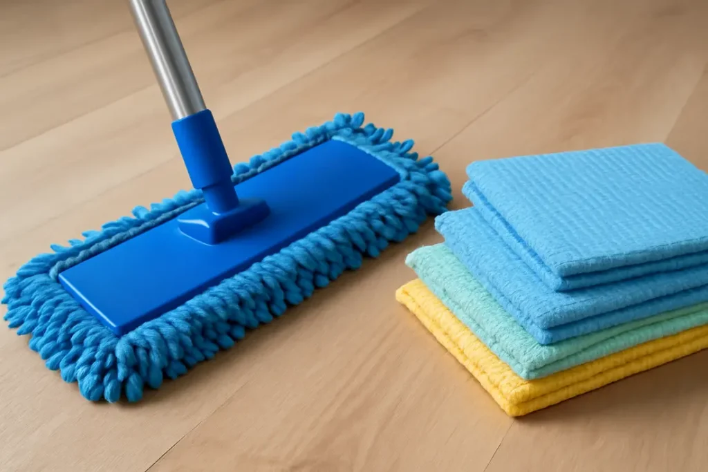 blauwe microvezeldweil op houten vloer, wasbaar absorberend