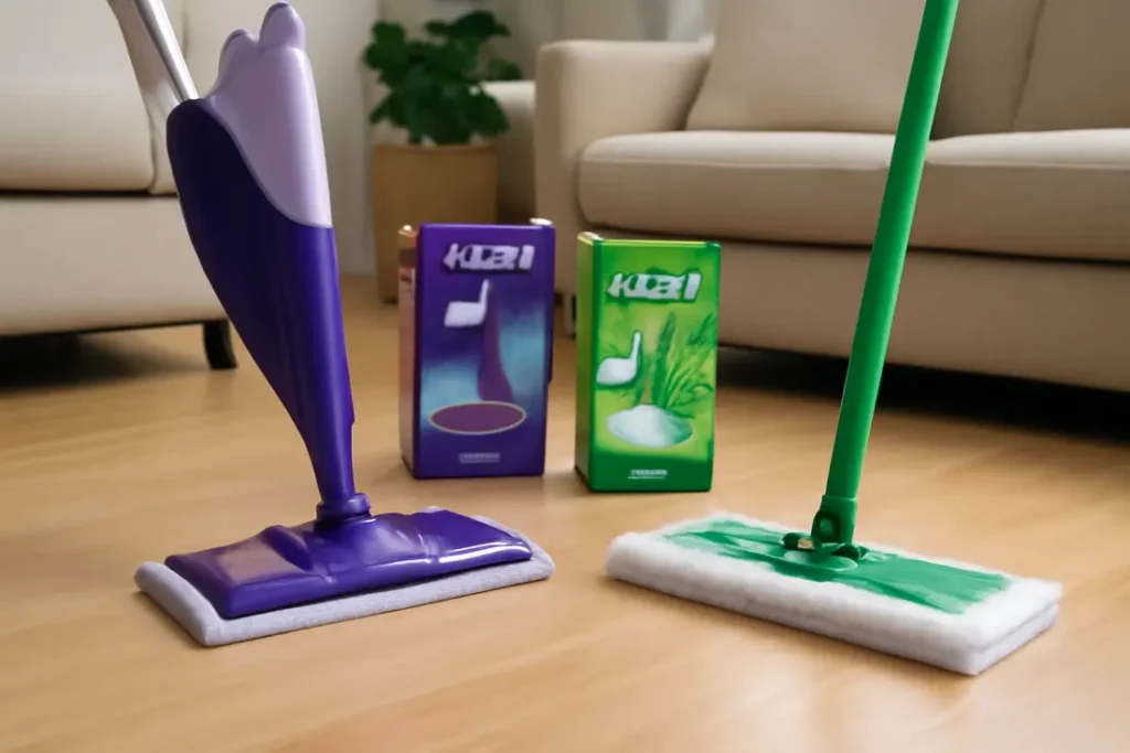 Swiffer dweilen mop met microvezelpad op houten vloer