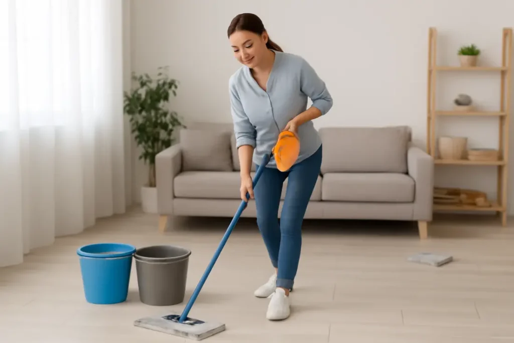 Tips dweilen: persoon dweilt vloer met mop en emmer
