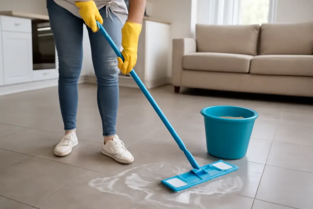 Vloer dweilen met vaatwastablet, dweil en hand zichtbaar