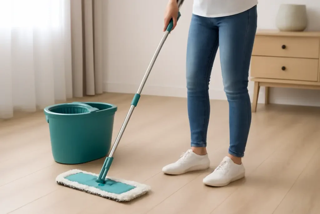 Microvezel vloerdweil op houten vloer, schoonmaken