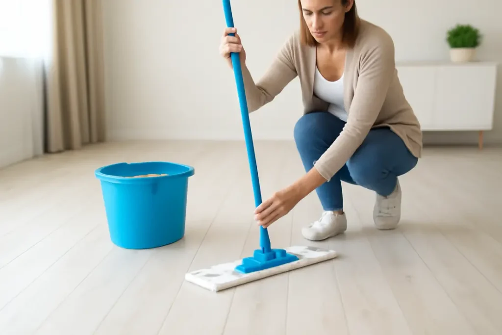 White wash vloer dweilen met zachte mop en water