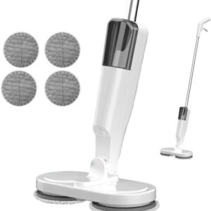 Elektrische Dweil & Spin-Mop – Dweil Met Spray Functie – Draadloze Oplaadbare 360° Vloerreiniger met Dubbele Rotatie + 4 Herbruikbare Pads – Dweilsysteem – Voor Tegel, Hout & Vloeren – Wit