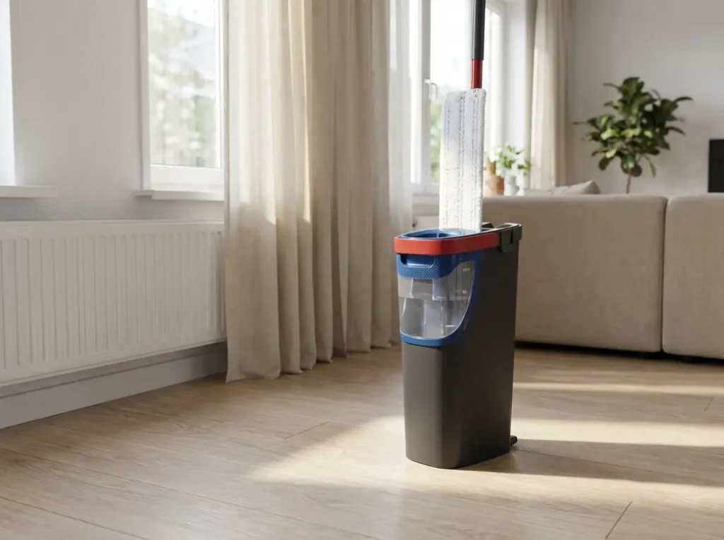 Afbeelding van de Vileda H2prO Flat Mop en het handige systeem.